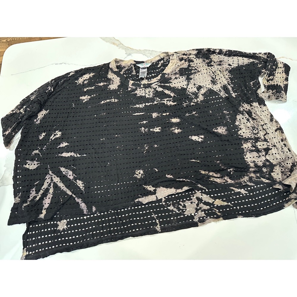 Hard Tail Forever Tie Dye Eyelet Top Black Tan Long Sleeve HHOL-04 Medium
